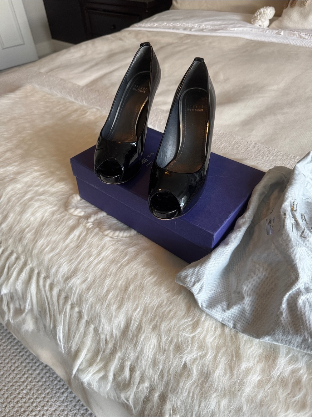 Stuart Weitzman Black Patent Peep-Toe Heels